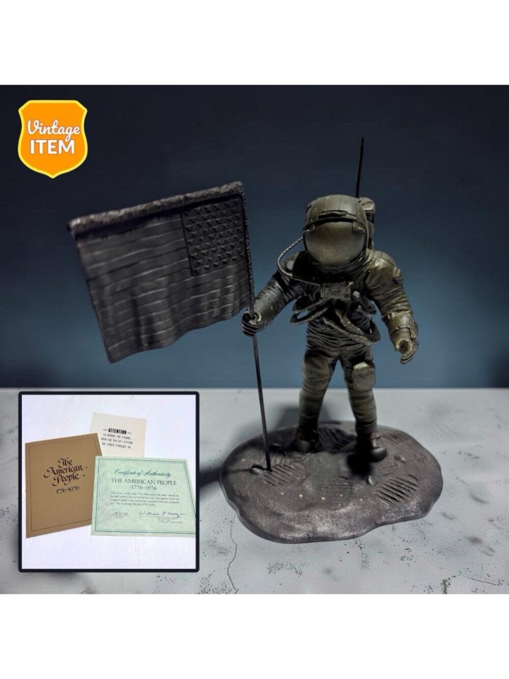 1976 Franklin Mint The Astronaut 1956-1976 American Flag Pewter Figurine Statue.